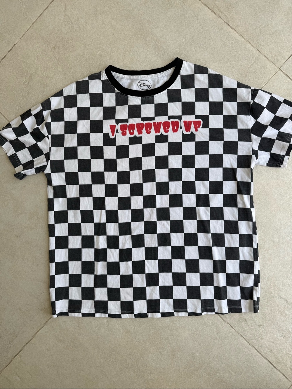 Disney Black & White Checkered Tee with Red 'I Screwed Up' Graphic